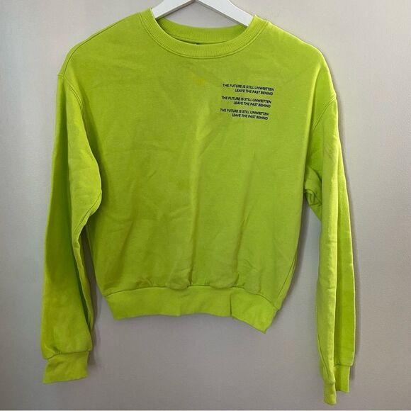 Divided Sweatshirt Cropped Crewneck Neon Green Safety Yellow Quote Graphic Comfy - Picture 1 of 10
